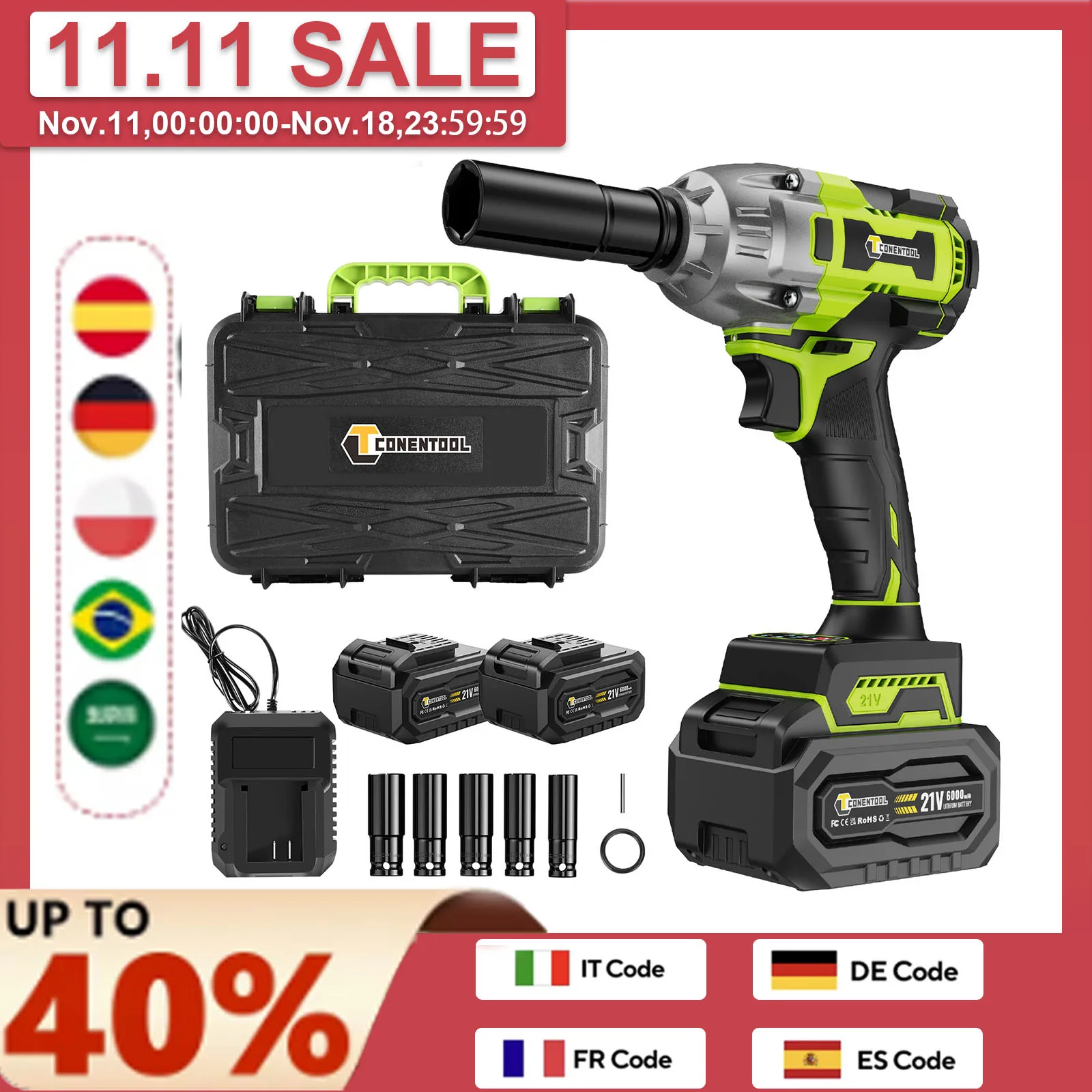 CONENTOOL 21V Cordless Impact Wrench, 1/2” Brushless Motor, 2x6000mAh Battery for Car Repairs and Household Tasks