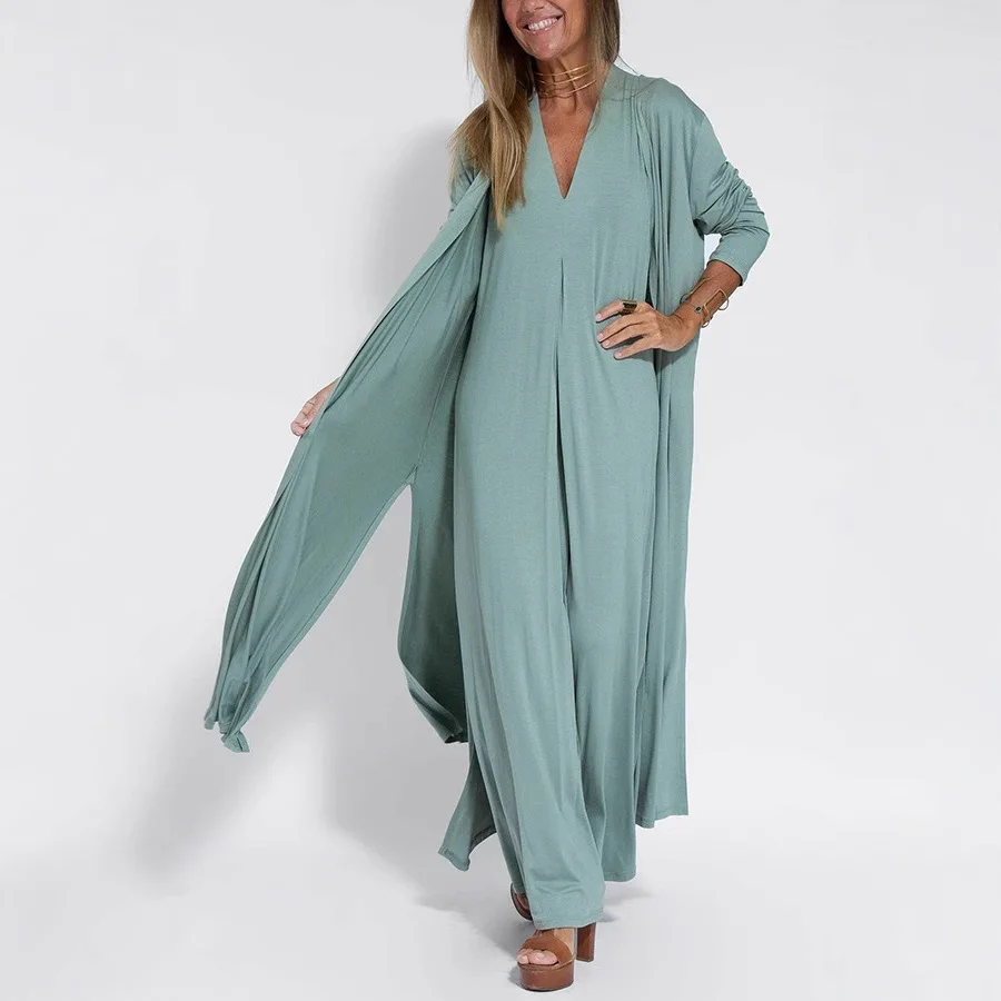 

Casual Solid Color Dress Two Piece Set Women Loose V-neck Sleeveless Slit Long Dress Cardigan Coat 2 Piece Sets Commuting Outfit