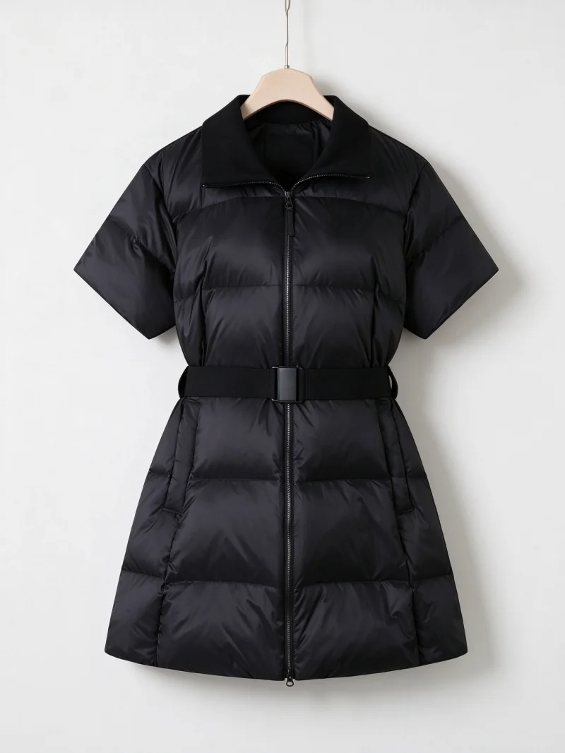 2026 Winter Ladies Golf Long Goose Down Jacket Stand Collar Short Sleeve Waist Cinched Warm Slim Fashion Women Golf Outer Coat