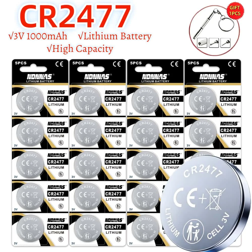 Batería de botón CR2477 de alta capacidad, 2-50 Uds., 2477 pilas para reloj para calculadora remota, básculas, actuaciones estables con regalo