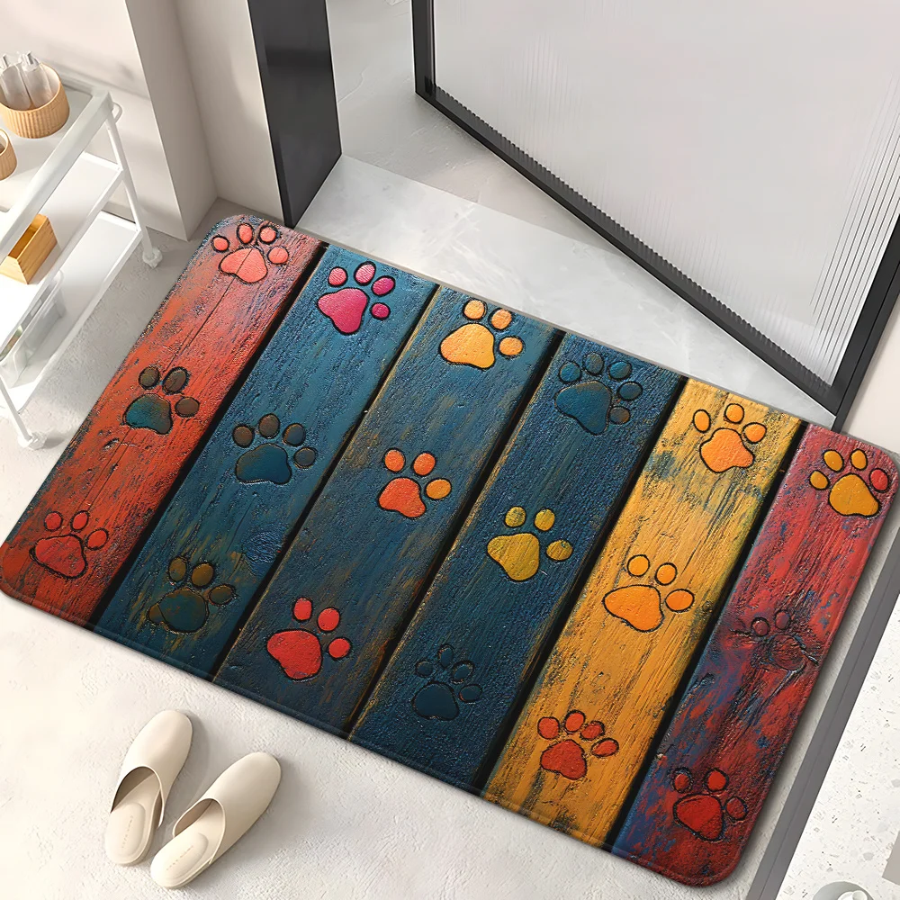 Vibrant Dog Paw Print Door Mat Non Slip Microfiber Absorbent Machine Washable Polyester Rug for Bedroom Bathroom Entrance Decor