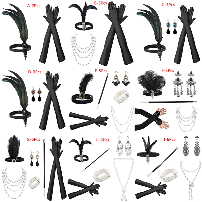 1Set 1920's Flapper Cosplay Costume Feather Headband Pearl Necklace Long Glove Gatsby Masquerade Accessories