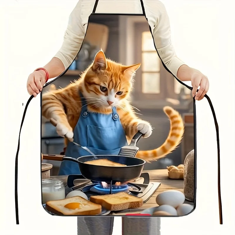 1pc Playful Orange Cat Chef Apron with Blue Pockets - Fun Kitchen Design, Polyester Fabric, Adorable Cooking Cat Illustration