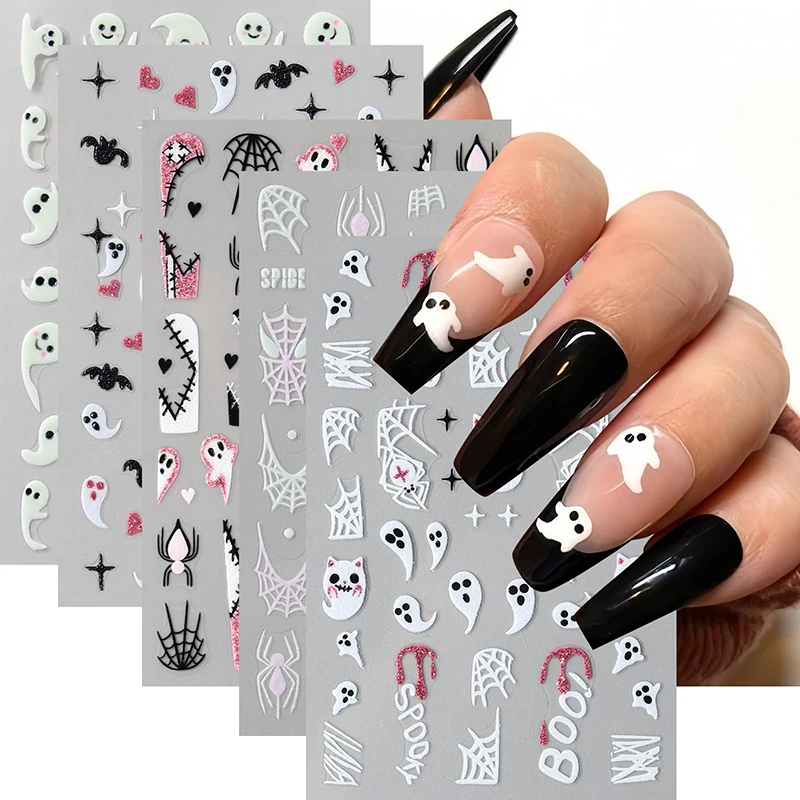 مضيئة تنقش شبح مضيئة مسمار الفن ملصقات هالوين الكرتون العنكبوت الجمجمة مسمار الشارات العنكبوت ويب المنزلق للتقليم DIY بها بنفسك