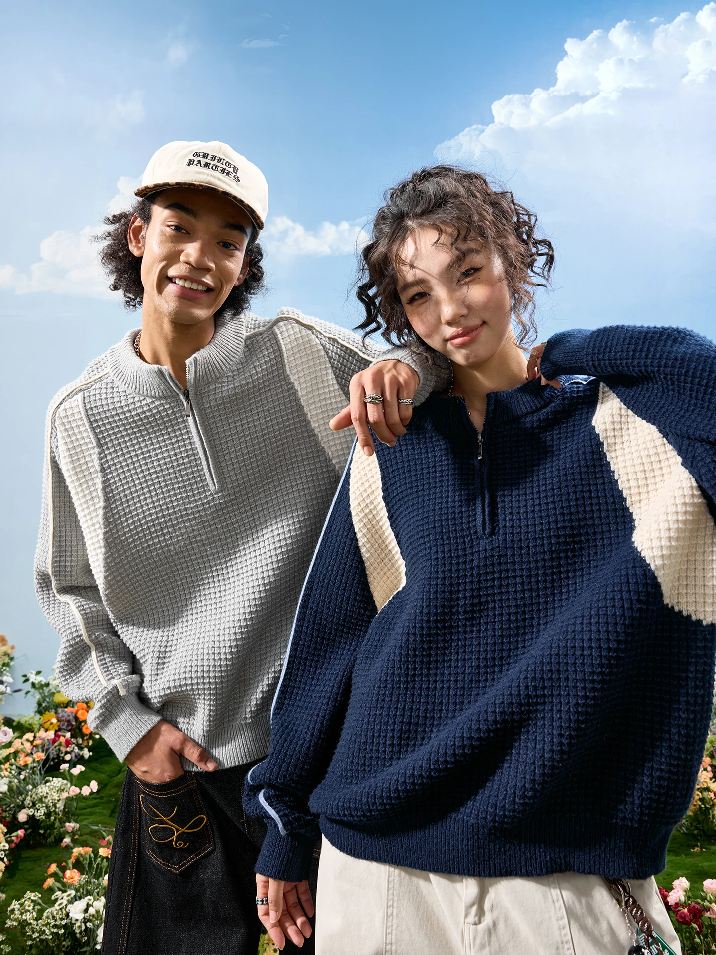 

Nuthink American Retro Spliced Color Blo Knitted Sweater f Zipper Wer id Winter New Sle for Men And Women