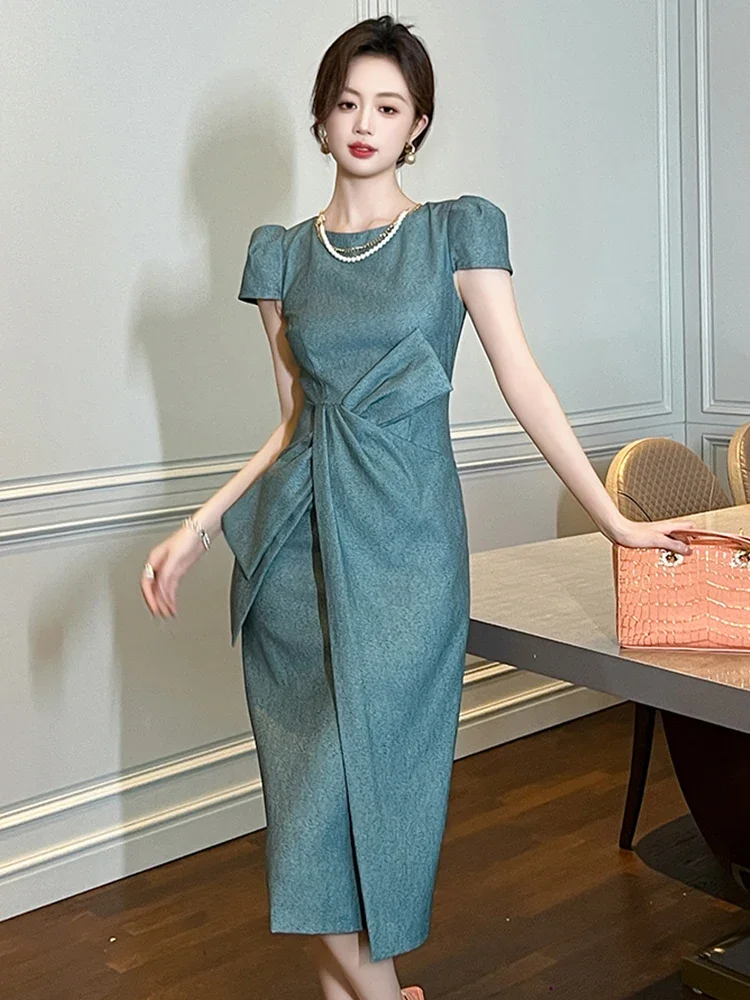 

New Summer Fashion Work Style Formal Occasion Pencil Dress Women Clothes Commute Retro Solid Bow Short Sleeve Slim Party Vestido