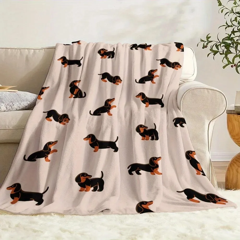 Cute Cartoon Dachshund Dog Print Throw Blanket, Lovely Sausage Puppy Pattern Soft Flannel Cozy Blanket, Warm Decor Blanket for S