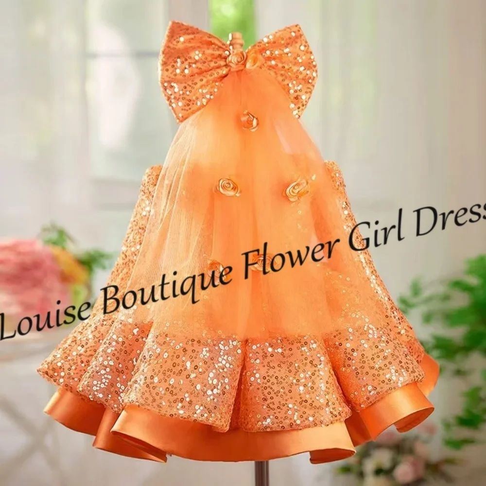 Abito da ragazza di fiore principessa rosa caldo con paillettes A-Line Appliques Abiti a maniche lunghe Abiti da festa di compleanno per prima comunione per ragazze