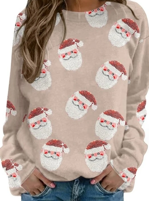 Santa Claus Print Casual Round Neck Long Sleeved Hoodie 2023 Winter Women's Hoodie Christmas Top Luxury Clothing Women