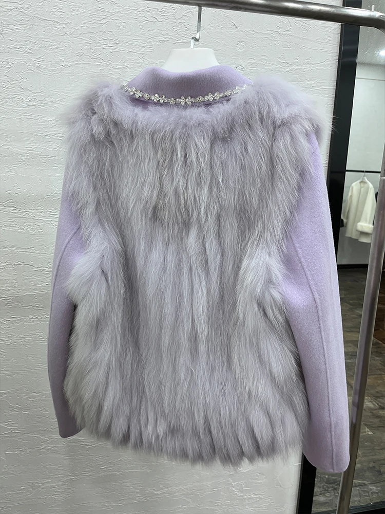 2023 Fashion Winter Fur Coat Ladies Outwear Female Coat Real Natural Fox Fur Vest Cashmere Wool Woolen Women LuxuryJ acket