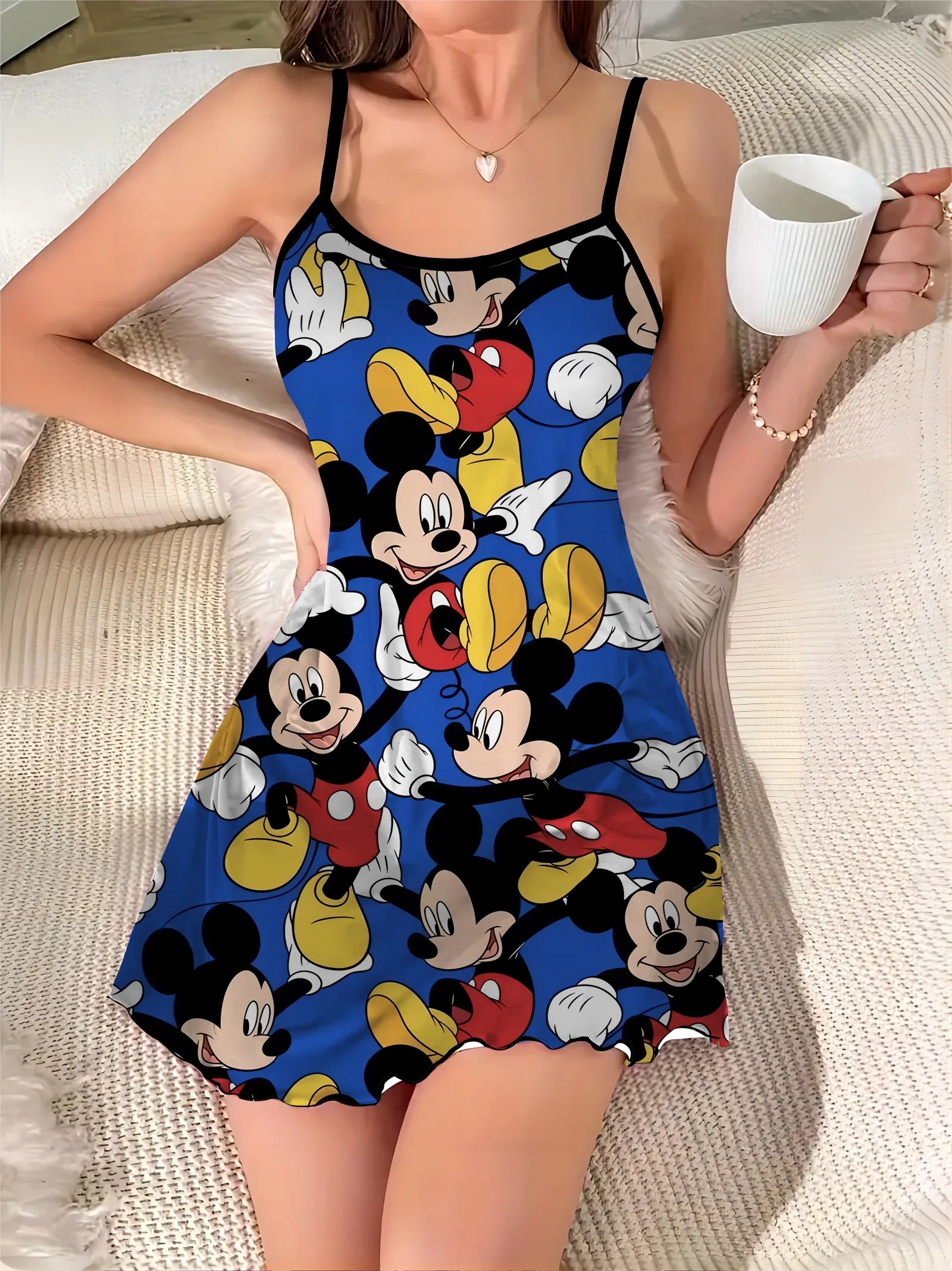 Sexy Dress Mickey Disney Crew Neck Lettuce Trim Minnie Mouse Fashion Summer Dresses 2024 Satin Surface Pajama Skirt Elegant Chic