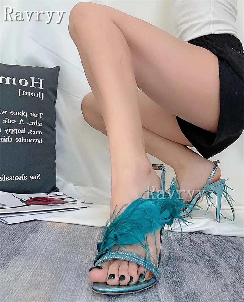 

Sexy Feather Women's Sandals 2023 Summer Thin High Heel Party Wedding Shoes Fluffy Runway T-Show Satin Pumps Dress Sandals