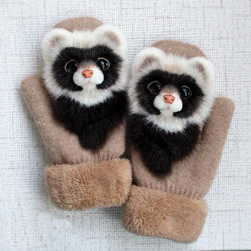 1pair Thick Warm Kids Gloves Winter Finger Mittens Cute Cartoon Girls  Hairy   Children  Christmas Gifts