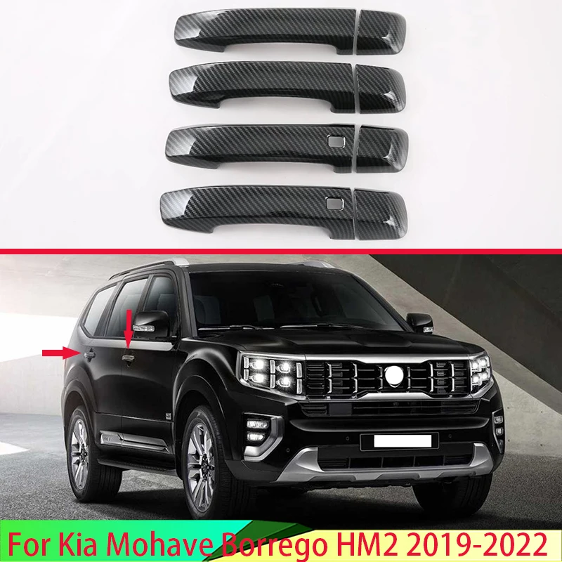 For Kia Mohave Borrego HM2 2019-2022 Carbon Fiber Style Door Handle Cover With Smart Key Hole Catch Cap Trim Molding