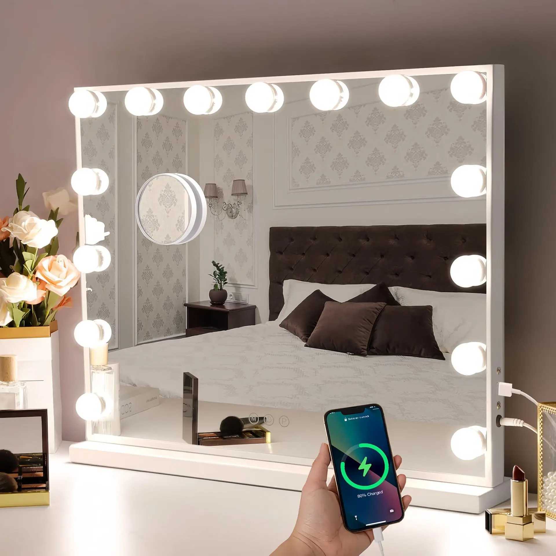 

Vanity Mirror,Smart Makeup Mirror with Dimmable LED Bulbs, Large Rotatable Tabletop Mirror for Dressing Table, Bedroom, Bathroom