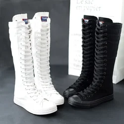 High Top Women Canvas Shoes Lace Up Knee High Boots Flats Casual Vulcanized Shoes Sneakers Comfortable Girls Canvas Long Boots