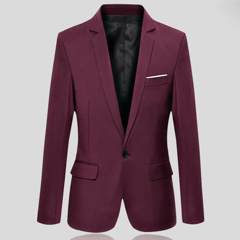 Flap Pockets Long Sleeve Men Blazer Solid Color Single Button Men Formal Blazer Lapel Suit Jacket Business Blazer Male Clothing