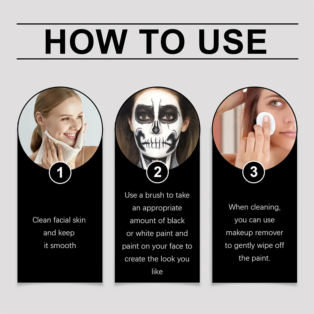 Kit de pintura corporal para rostro de Halloween, juego de maquillaje de larga duración en blanco y negro con pinceles para fiestas festivas, disfraces y eventos de carnaval
