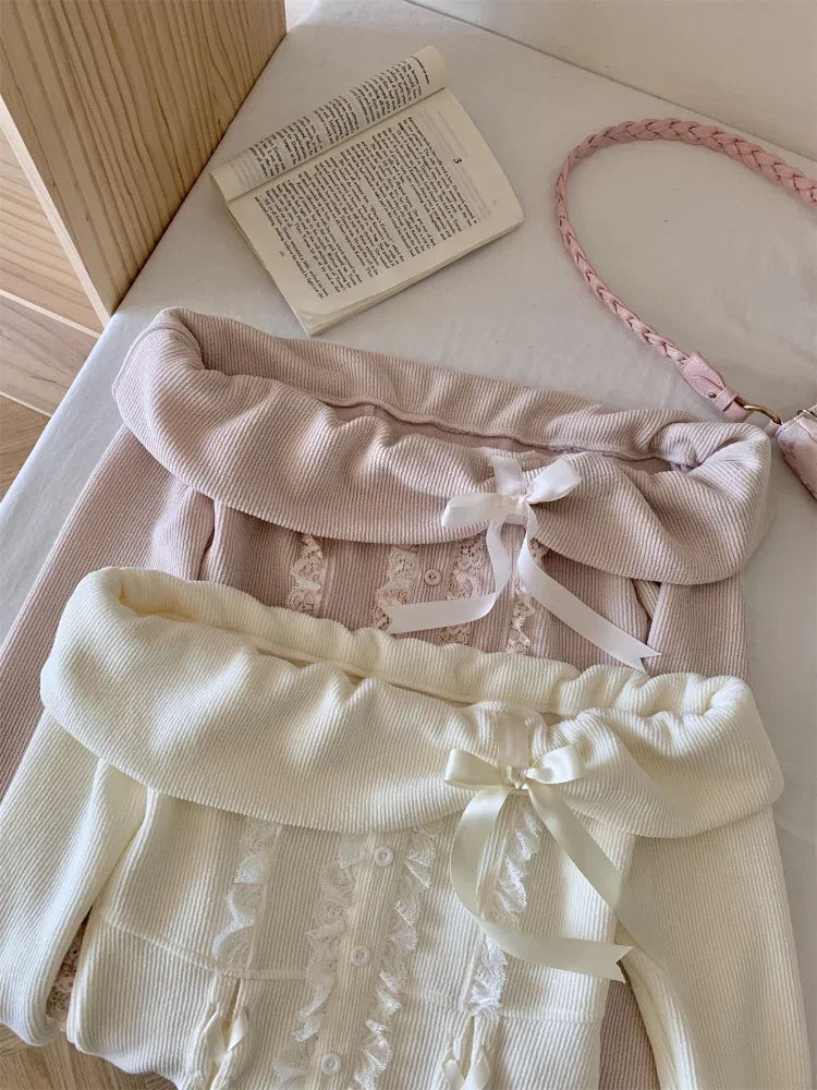 Winter Knitted Japanese Kawaii Y2k 2 Piece Set Women Lace Sweet Elegant Retro Skirt Suit Female Chic Tops + Cake Mini Skirt 2025