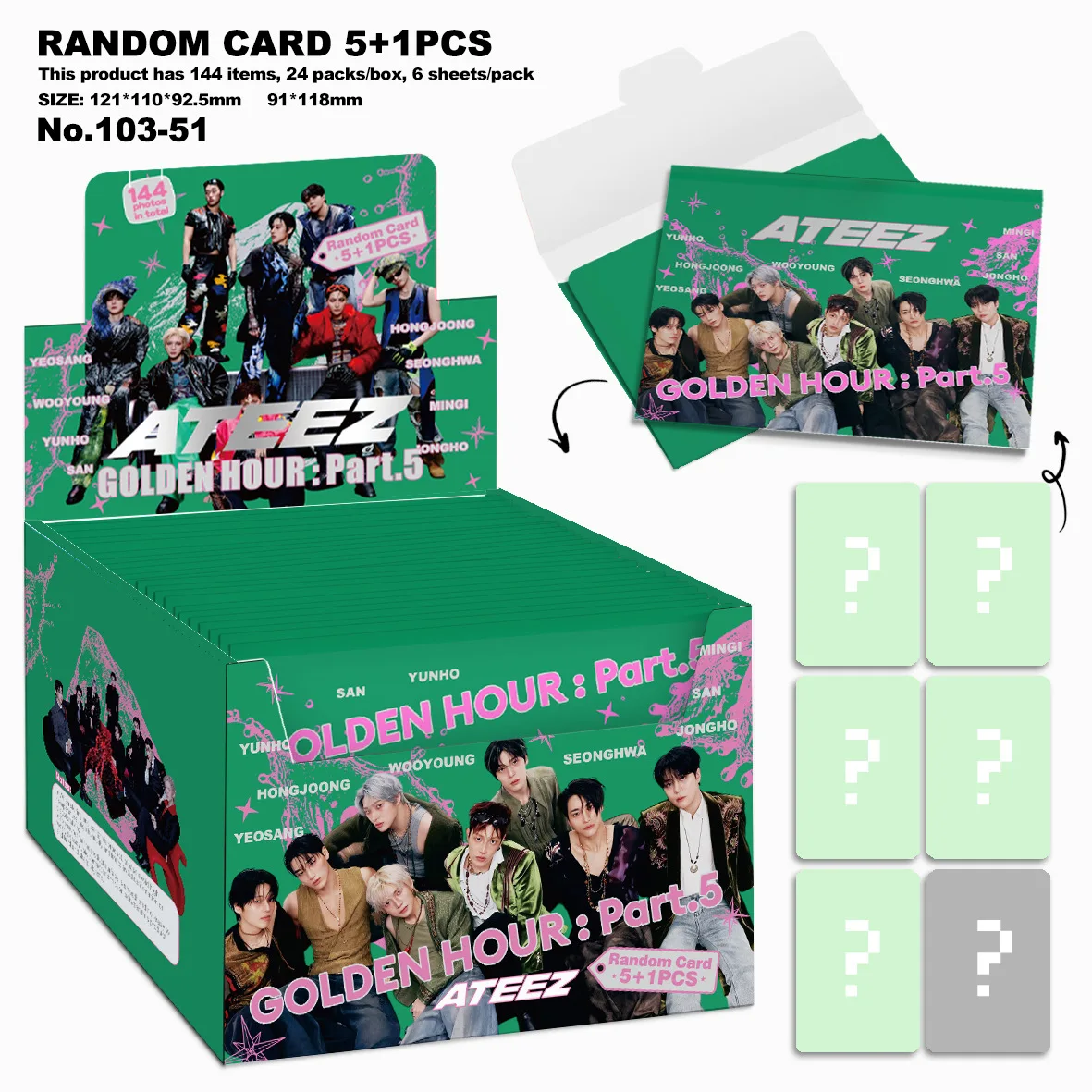 Korean Boy Group ATEEZ New Exclusive GOLDEN HOUR: Part.5 Collection Photo Card Letter Package 5+1 Random LOMO Card Bookmarks