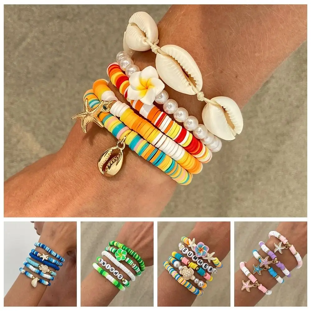 

CCB Beads Boho Bracelets Set Imitation Pearl Elastic Bangles Starfish Bracelets Bohemian Style Colorful Beaded Flower Bracelets