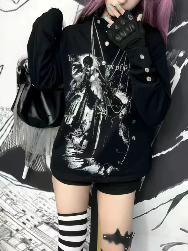 

Y2k Aesthetic Letter Printing Punk Grunge T-shirt Streetwear Casual Vintage Tops Women Harajuku Black ​button Gothic Outfits New