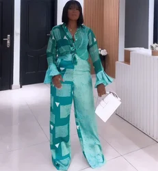 Flare Sleeve Two 2 Piece Pants Sets Women Vacation Outfits African Clothes for Woman 2024 Summer Kebaya Ankara Suit Plus Size