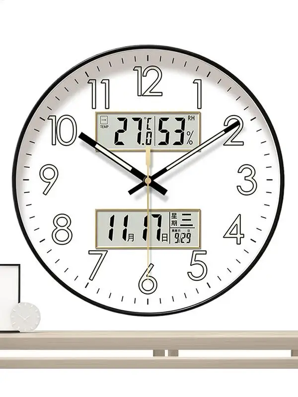 Non Ticking Wall Clock Round Wall Clock Glow In Dark Home Decor Featuring Calendar 10/12/14 Inch Large Digital Display Night