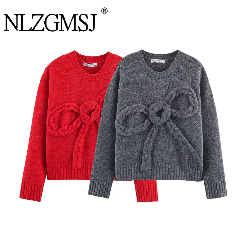 

Женские свитера NLZGMSJ с бантом, весна 2026, с длинным рукавом, круглым вырезом, эластичные, свободные пуловеры, женские вязаные повседневные джемперы, базовая модель