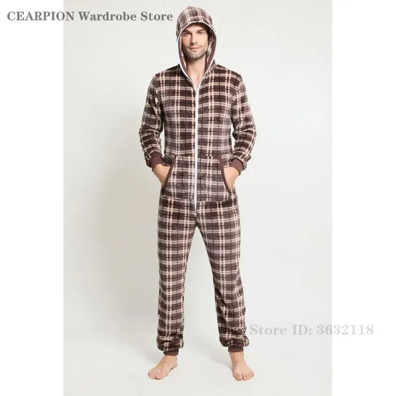 Brown Plaid Flannel Pajamas Loungewear Male Thickened Warm One-Piece Home Wear Casual Sleepwear Winter New Nightwear Pyjamas