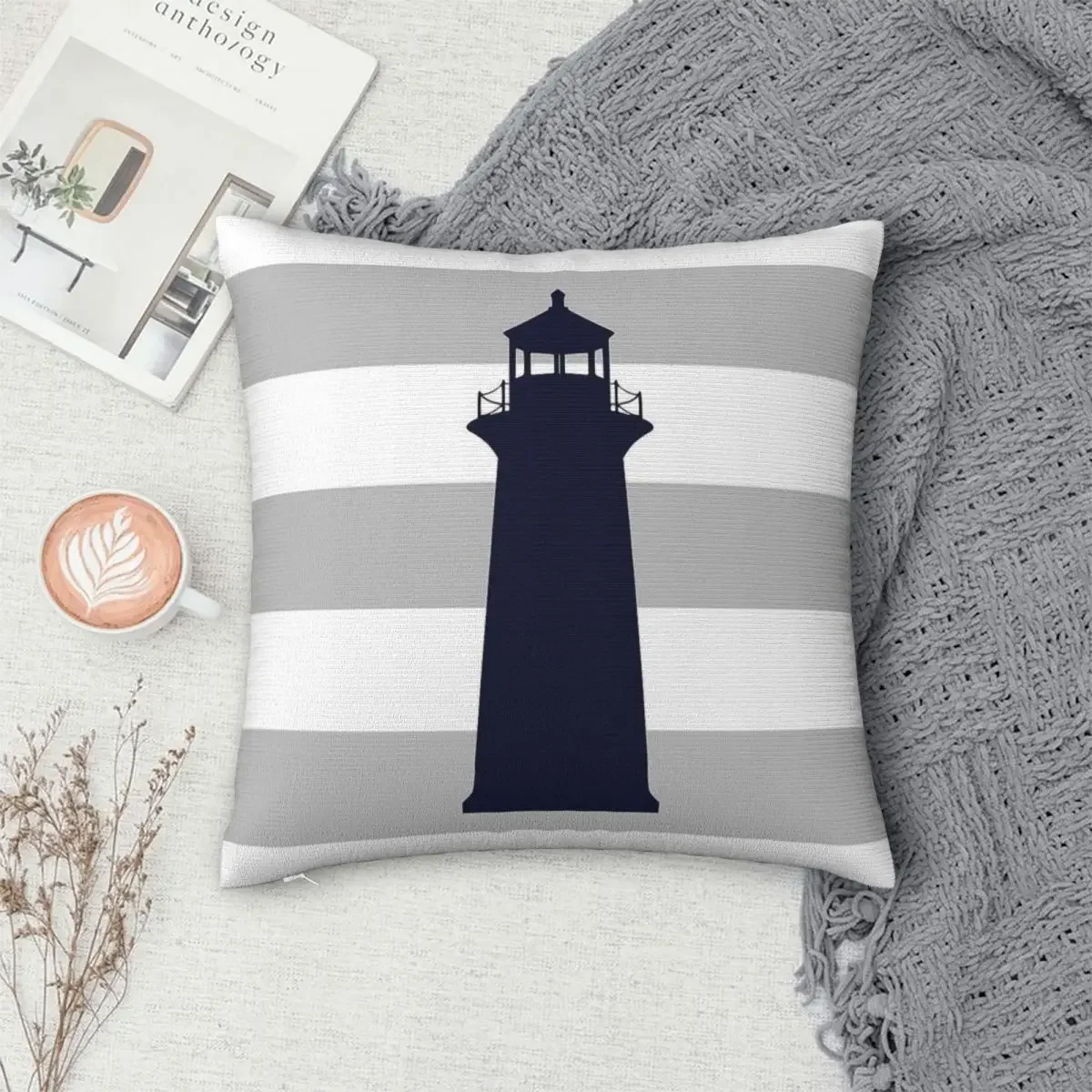 Nautical Navy Blue Ship's Steering Wheel On Red Stripes Pillowcase Cushion Comfort Throw Pillow Sofa Decorative Cushions Used