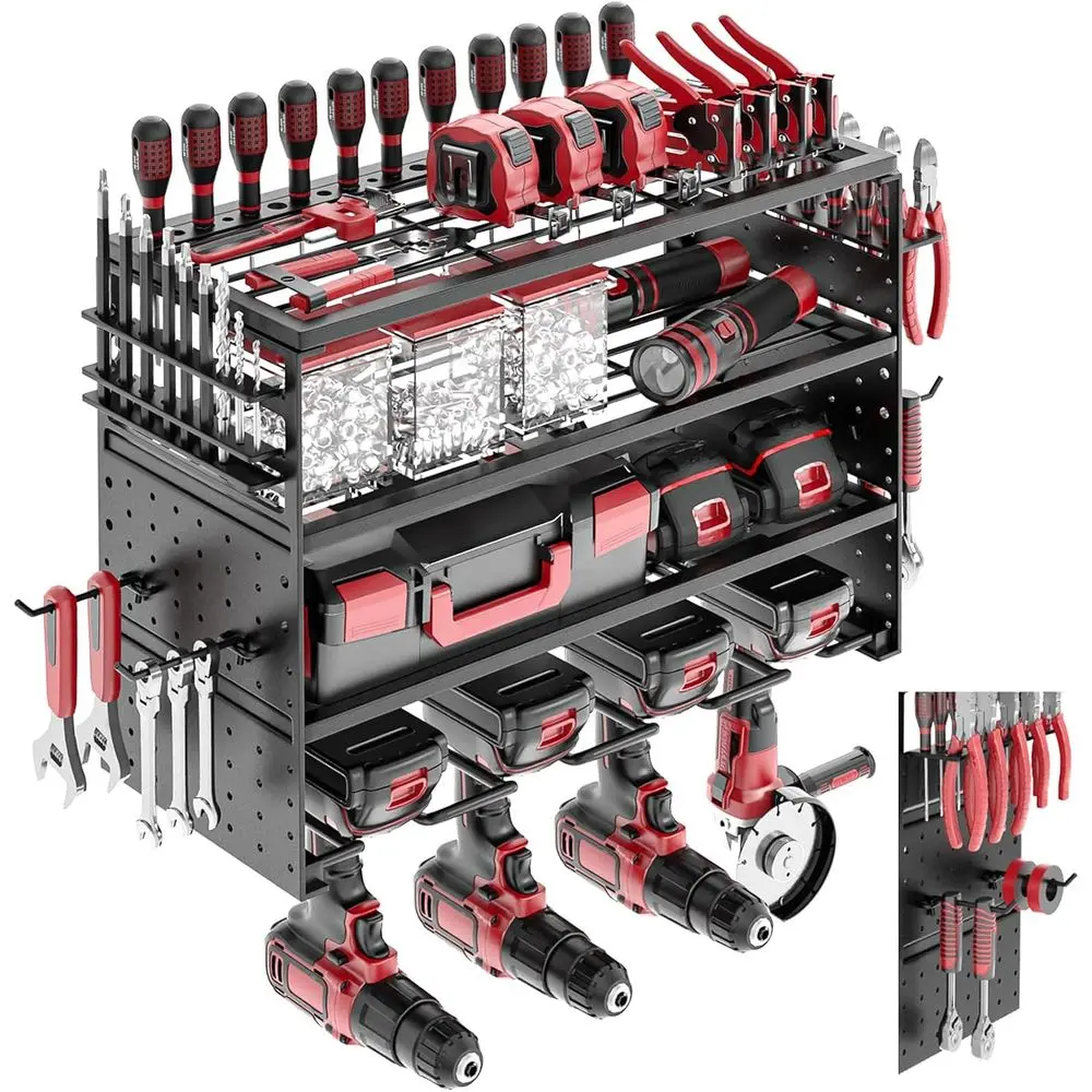 

Power Tool Organizer Wall Mount - 4 Layer Metal Rack, Cordless Drill Holder with 4 Hooks, Utility Storage for Garage Workshop Pe
