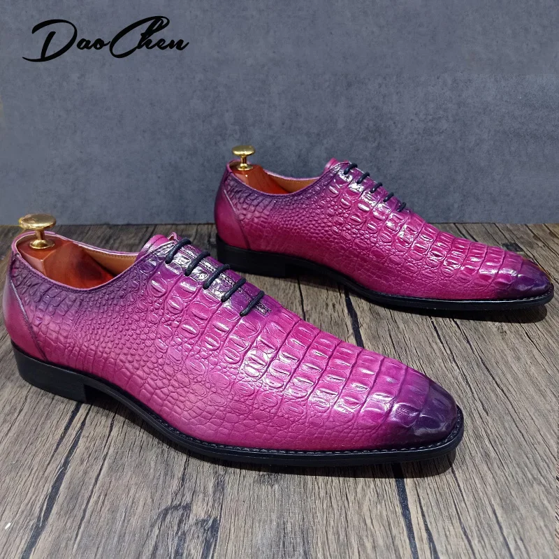 LUXURY BRAND MEN GENUINE LEATHER SHOES PURPLE CROCODILE PRINT CASUAL DRESS MAN SHOES OFFICE WEDDING OXFORD SHOES FOR MEN