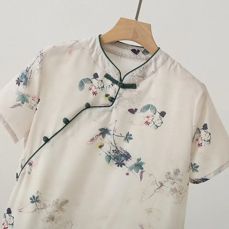 Ele New Chinese Sle Silk  Printed Dr Stand Collar Qipao Summer 2024 ort Sve Slim Fit Busin Casual Dr