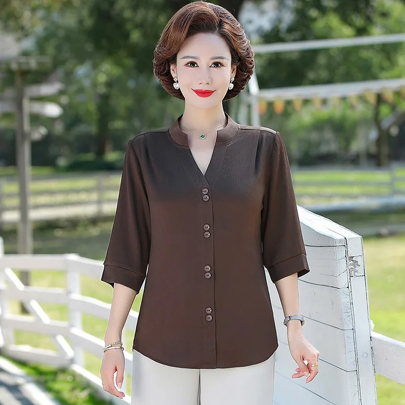 Women Spring Summer Blouses Shirts Lady Fashion Casual Half Sleeve V-Neck Collar Solid Color Middle-aged mother Blusas Tops