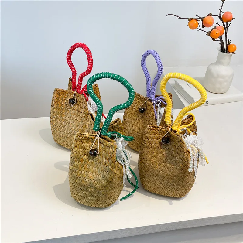 

Minimally woven straw bag, hand woven nylon rope hanging bag, contrasting color handbag, fashionable hand rope handbag