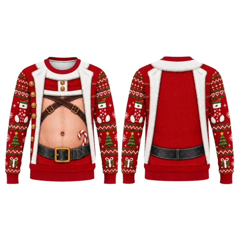Neuartiger hässlicher Weihnachtspullover, lustiger 3D-Sweatshirt mit Fake-Muskel-Grafik, Unisex-Pullover für Herbst und Winter, Familienfeier, Weihnachtsgeschenk – Detail 2