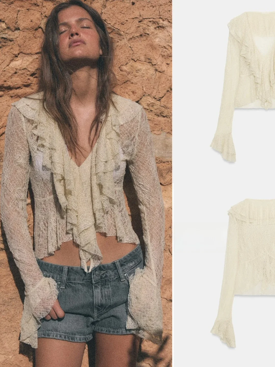 

Summer 2026 New Arrival Women's Long Sleeve V-neck Lace Shirt Floral Design Fashionable Slim Fit Short Length Top