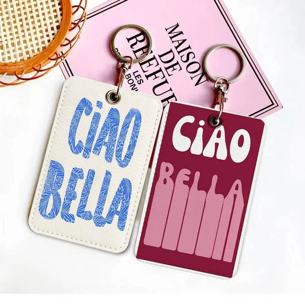 Ciao Bella Rectangle ID Card Case Keychain Access Card Bag Key Tag Ring Leather Card Holder Key Ring Access