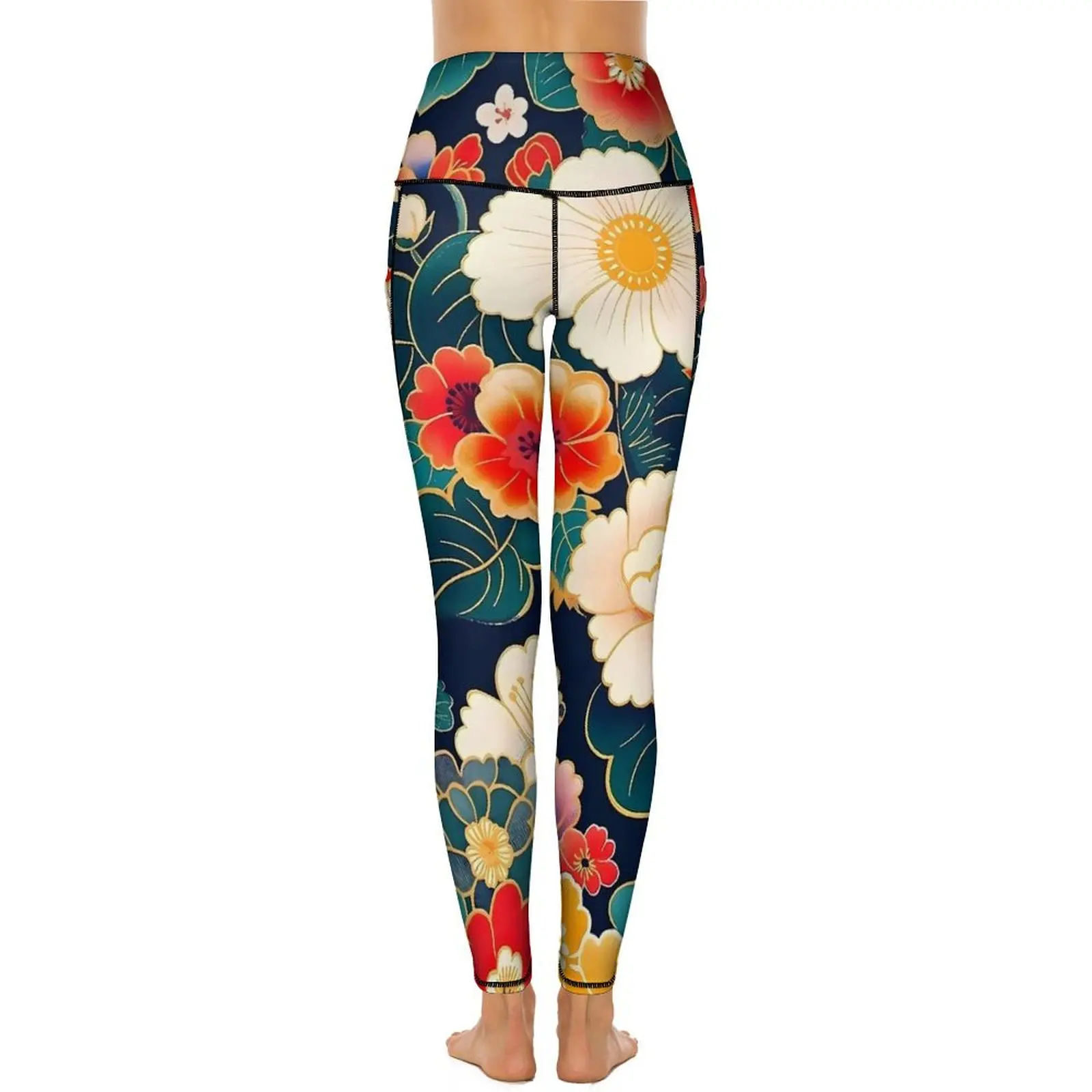 Japanese Art Leggings Sexy Flower Print Fitness Gym Yoga Pants Push Up Quick-Dry Sports Tights With Pockets Cute Graphic Leggins