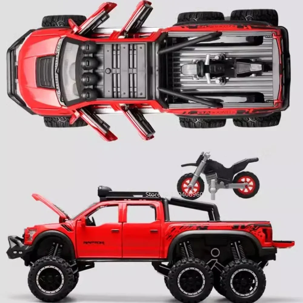 1:28 Schaal 6x6 Raptor F150 Auto Model Speelgoed Legering Diecast Muziek Licht Pull Back Truck Apv modellen voor Kinderen Speelgoed Geschenken