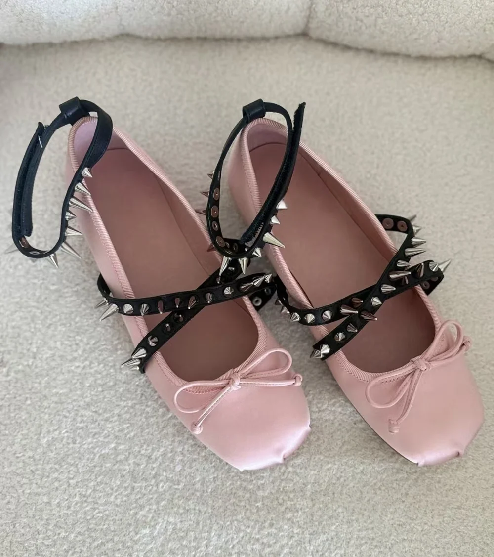 

Blush Satin Ballet Flats Black Spiked Straps Bow Accent Sweet-Edgy Contrast Design Square Toe Elegant Lady High-Fashion Looks