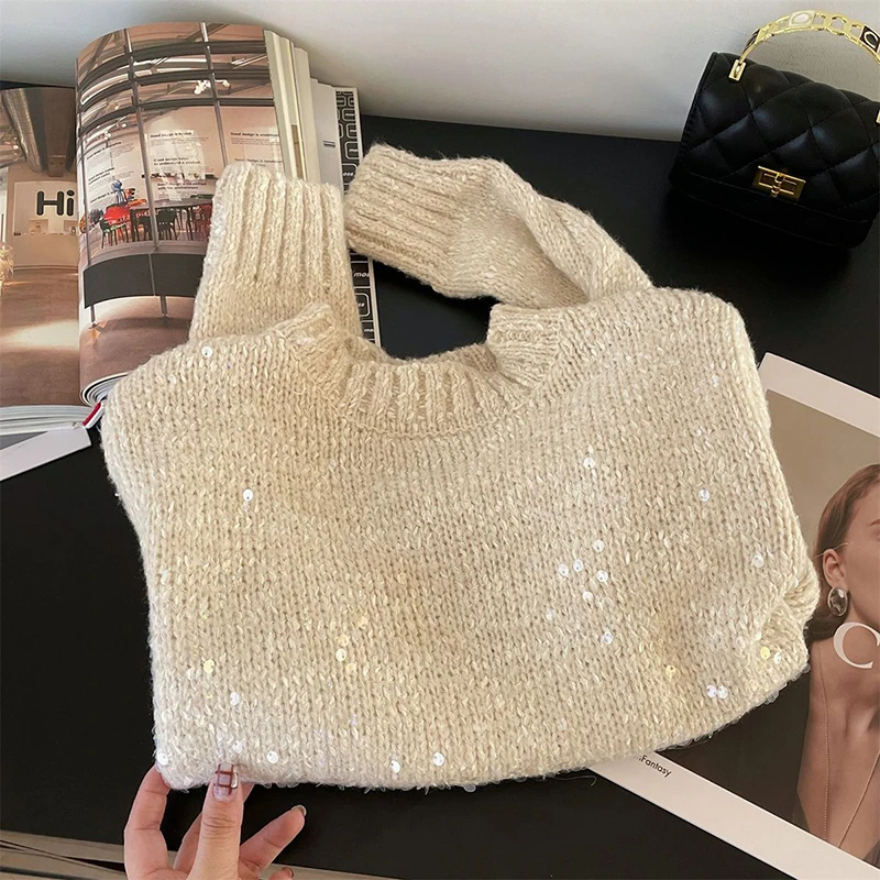 Sequins Knitted Sweaters for Women Autumn Loose Thick Long Sleeve Crop Pullover Female Korean All Match O Neck Jumper Mujer