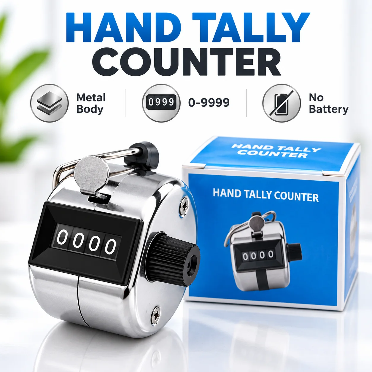 4-Digit Handheld Tally Counter, Mechanical Click Counter with Lanyard, Silver Hand Clicker for Golf, Sports, Inventory, Events
