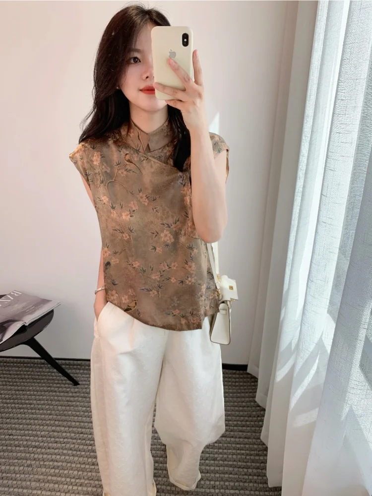 

Summer Lightweight Silk Embroidered National Sle Women's Vest Top Thoey Chen Design Straight Cut Fly Sve Silk 00%