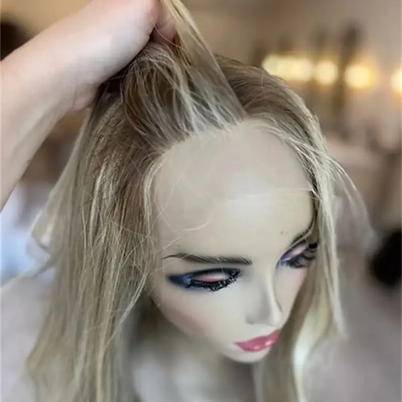 

13x4 Ombre Blonde Brown HD Парики спереди на шнуровке Термостойкое волокно 26-дюймовые парики из синтетических волос с темными корнями для ежедневного использования на вечеринке