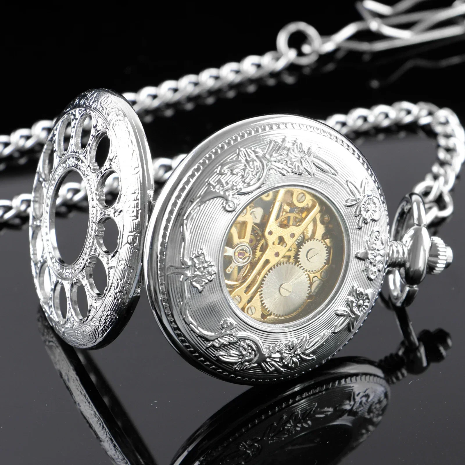 Silver Roman Numerals Vintage Skeleton Mechanical Pocket Watch For Men Women Hand Wind Pocket & Fob Watches Half Hunter