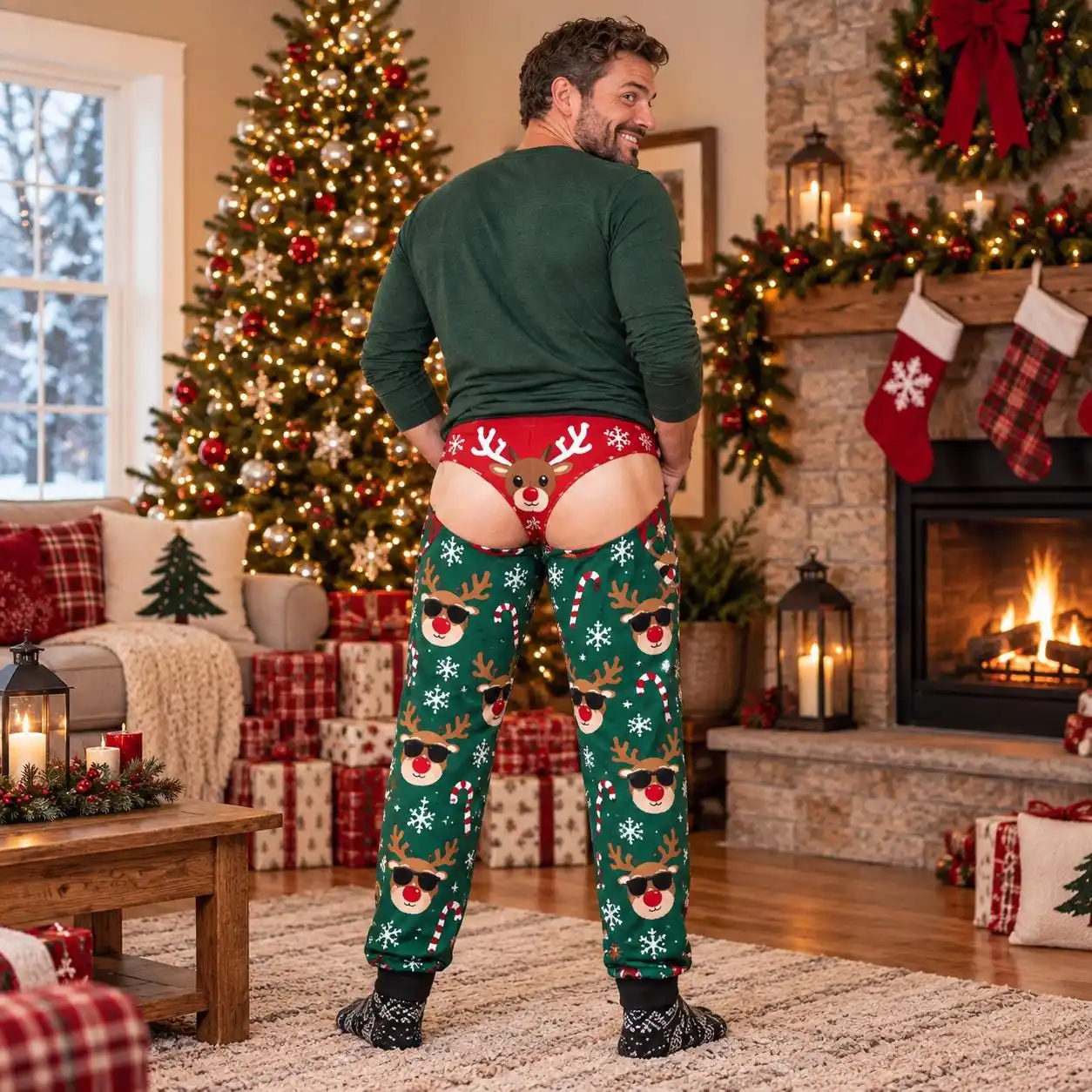 Funny Christmas Butt Pajama Pants Novelty Christmas Reindeer Elf Print Backless Pajama Pants Christmas Party Prank Home Outfit