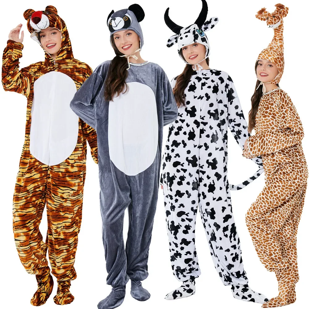 

Halloween Adult Animal Furry Tiger Cow Panda Giraffe Pajamas Stage Costume