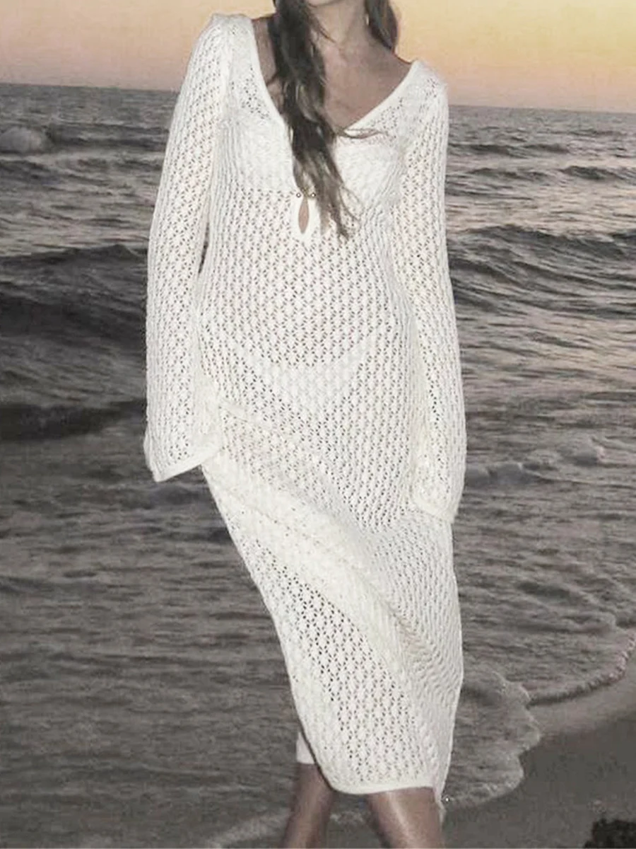 Women Sheer Mesh Sleeveless Maxi  V-Neck Long Sleeve Bodycon long Dress Ladies Party Beach Backless Holiday Dress summer